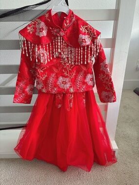 Traditional Red Floral Kids Costume Dress with Beaded Cape Chinese Halloween Se